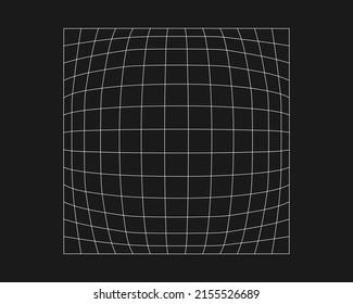 Cyber distorted grid, retro punk design element. Wireframe wave geometry grid on black background. Vector illustration.