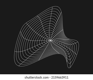 Cyber distorted grid, retro punk design element. Wireframe wave geometry grid on black background. Vector illustration.