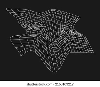 Cyber distorted grid, retro punk design element. Wireframe wave geometry grid on black background. Vector illustration.
