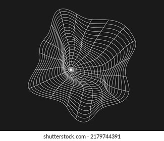 Cyber distorted grid, retro punk design element. Wireframe wave geometry grid on black background. Vector illustration.
