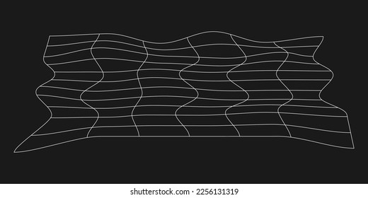 Cuadrícula distorsionada cibernética, elemento de diseño punk retro. Cuadrícula de geometría de onda de trama sobre fondo negro. Ilustración vectorial.