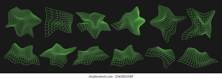 Cyber distorted grids, retro punk design elements set. Wireframe wave geometry mesh on black background. Vector illustration.