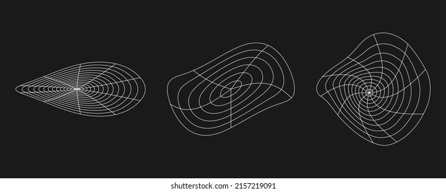 Cyber distorted grids set, retro punk design elements. Wireframe wave geometry grids on black background. Vector illustration.