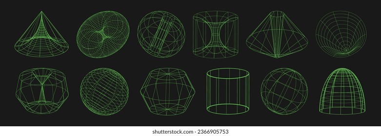 Cyber distorted shapes, retro punk design elements. Wireframe wave geometry on black background. Trendy psychedelic vector elements.