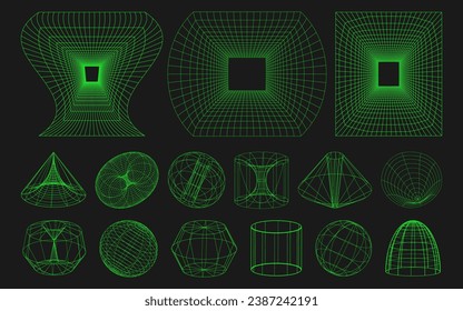 Cyber distorted shapes, retro punk design elements. Wireframe wave geometry on black background. Trendy psychedelic vector elements.
