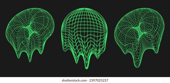 Cyber distorted shapes, retro punk design elements. Melting geometry y2k elements. Isolated wireframe style on black background. Vector trendy illustration. 