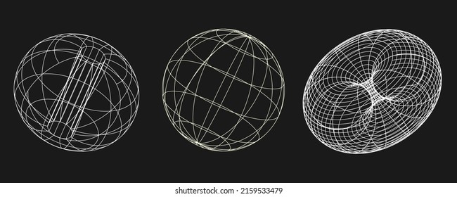 Cyber distorted shapes set, retro punk design elements. Wireframe wave geometry shape on black background. Vector illustration