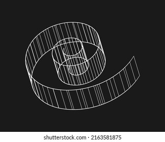 Cuadrícula de espiral distorsionada por el ciberespacio, elemento de diseño. Cuadrícula de geometría de onda de trama sobre fondo negro. Ilustración vectorial.