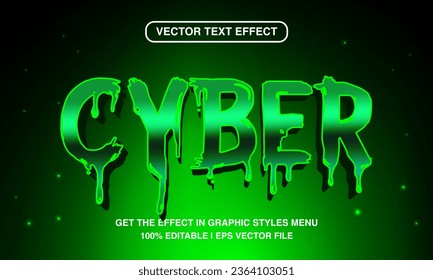 Plantilla de efecto de texto modificable en el ciberespacio, estilo de texto brillante de neón verde de dibujos animados 3d, vector premium