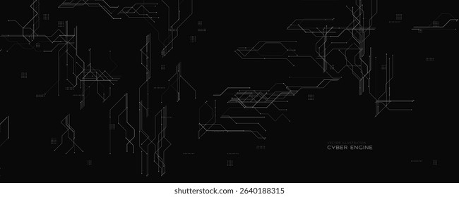 Cyber Engine Background With Dark Circuit Grid. Black tech layout with fine digital lines. Ideal for cyber themes, security, and futuristic UI. Elegant modern structure BG. Vector illustration.
