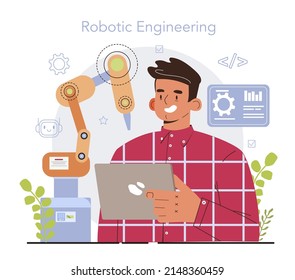 Cyber engineering concept. Robotics' constructing developing and setting. Idea of artificial intelligence programming. Automation system innovation. Flat vector illustration