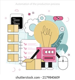 Cyber engineering concept. Robotics' constructing developing and setting. Idea of artificial intelligence programming. Automation system innovation. Flat vector illustration