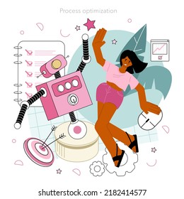 Cyber engineering concept. Robotics' constructing developing and setting. Idea of artificial intelligence programming. Automation system innovation. Flat vector illustration