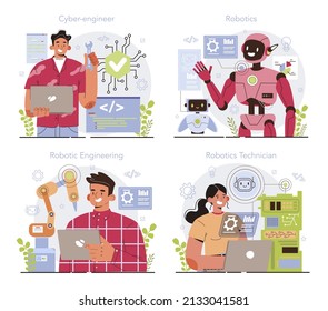 Cyber engineering concept set. Robotics' constructing developing and setting. Idea of artificial intelligence programming. Automation system innovation. Flat vector illustration