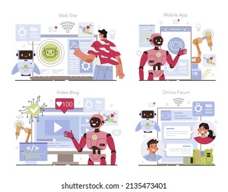 Cyber engineering online service or platform set. Robotics' constructing developing and setting. Automation system innovation. Online forum, video blog, mobile app, website. Flat vector illustration