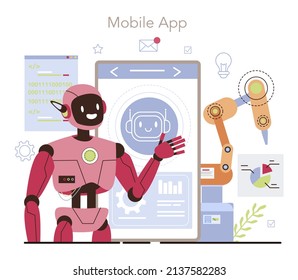 Cyber engineering online service or platform. Robotics' constructing developing and setting. Automation system innovation. Mobile app. Flat vector illustration