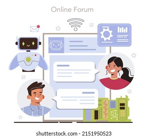 Online-Service oder Plattform für Cyber-Engineering. Entwicklung und Einstellung der Robotik. Innovation im Automatisierungssystem. Online-Forum. Flache Vektorgrafik