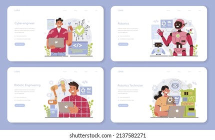 Cyber engineering web banner or landing page set. Robotics' constructing developing and setting. Idea of artificial intelligence programming. Automation system innovation. Flat vector illustration