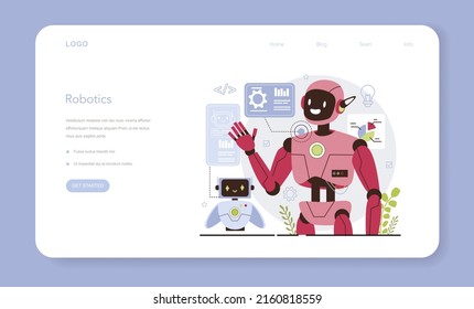 Cyber engineering web banner or landing page. Robotics' constructing developing and setting. Idea of artificial intelligence programming. Automation system innovation. Flat vector illustration