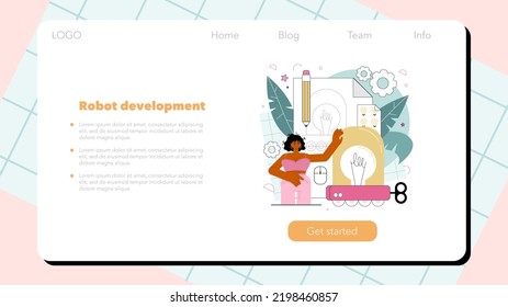 Cyber engineering web banner or landing page. Robotics' constructing developing and setting. Idea of artificial intelligence programming. Automation system innovation. Flat vector illustration