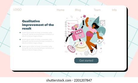 Cyber engineering web banner or landing page. Robotics' constructing developing and setting. Idea of artificial intelligence programming. Automation system innovation. Flat vector illustration