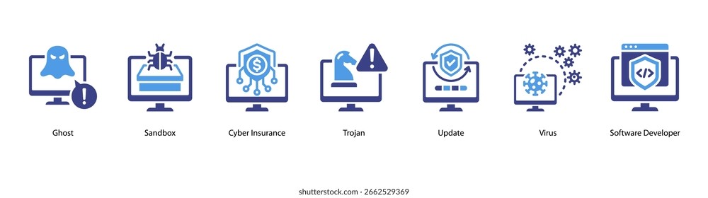 Cyber Entities web banner icon vetor illustration with Ghost, Sandbox, Cyber Insurance, Trojan, Update, Virus, and Software Developer.