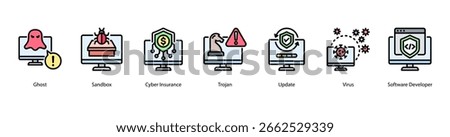 Cyber Entities web banner icon vector illustration featuring Ghost, Sandbox, Cyber Insurance, Trojan, Update, Virus, and Software Developer.