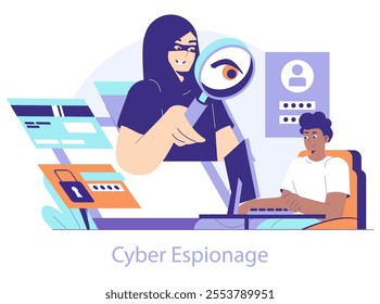 Cyber Espionage concept. A hooded hacker uses a magnifying glass to spy on an unsuspecting user. Online privacy invasion and data theft. Vector illustration.