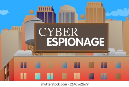 Texto de ciberespionaje en un cartel publicitario sobre un edificio de ladrillos. Publicidad al aire libre en la ciudad. Gran pancarta en la azotea de una arquitectura.