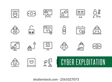 Cyber exploitation icon pack. Contains related to attack, protection, password, digital, thief, bank and more. Minimalist outline icon. Vector illustration.