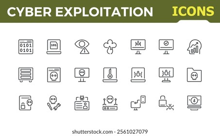 Cyber exploitation icon pack. Contains related to attack, protection, password, digital, thief, bank and more. Minimalist outline icon. Vector illustration.