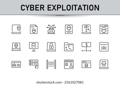 Cyber exploitation icon pack. Contains related to attack, protection, password, digital, thief, bank and more. Minimalist outline icon. Vector illustration.