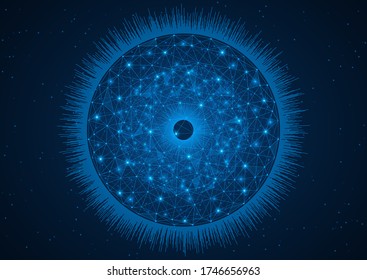 The cyber eye. Chain of connected particles. The concept of technologies of the future. Scanning and identification process. Polygon model. Blue background.