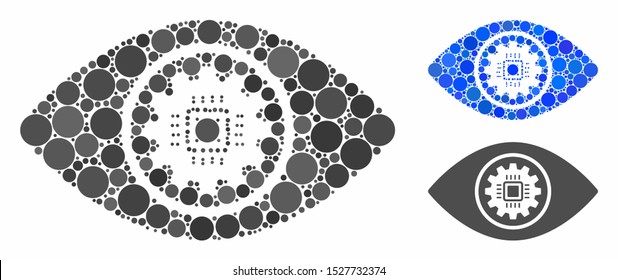Cyber eye lens mosaic of spheric dots in various sizes and color hues, based on cyber eye lens icon. Vector dots are combined into blue mosaic. Dotted cyber eye lens icon in usual and blue versions.