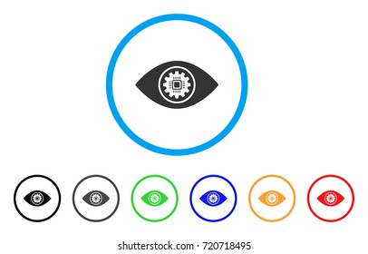 Cyber Eye Lens rounded icon. Style is a flat cyber eye lens grey symbol inside light blue circle with black, gray, green, blue, red, orange versions. Vector designed for web and software interfaces.