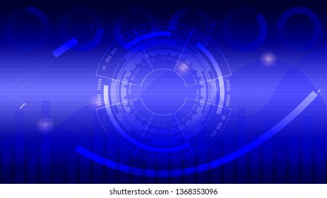 Cyber eye scanner on blue line background. Doughnut chart, area chart and histogram behind the cyber eye. Data analysis, statistics and security concept.