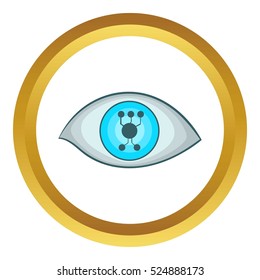 Cyber eye vector icon in golden circle, cartoon style isolated on white background