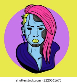 Cyber face illustration. Vector art illustration of the android face. Colourful hand-drawn vector art. 