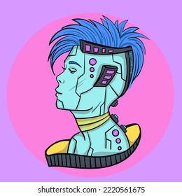 Cyber-Gesichtserkennung. Vektorgrafik des androiden Gesichts. Farbige, handgezeichnete Vektorkunst. 