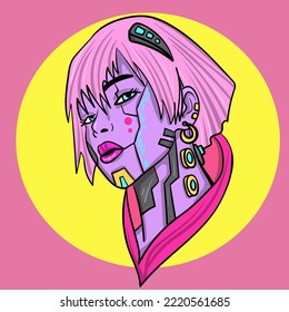 Ciberilustración. Ilustración vectorial de la cara androide. Colorido arte vector dibujado a mano. 