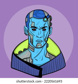 Cyber-Gesichtserkennung. Vektorgrafik des androiden Gesichts. Farbige, handgezeichnete Vektorkunst. 