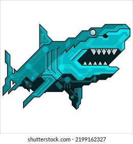 Cyber ferocious shark creative art with accent chips (Connections). Esports team icon templates: shark, cyan, chip circuit. Front view, top.