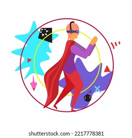 Cyber ​​modern flat concept for web banner design. woman in VR glasses exploring augmented reality on simulation dashboard. Cyber ​​technology education. Vector illustration with isolated people scene