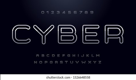 Cyber font, capital letters with shiny metal contour. Stylized cyberspace typeset with uppercase symbols and numbers. Minimalist techno style lettering on black background. Digital typography set