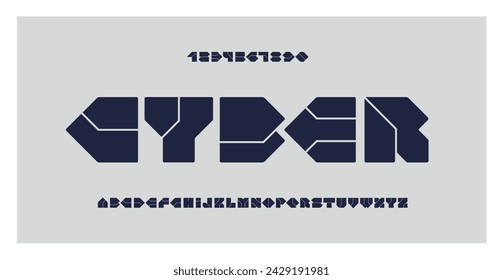 Cyber font. Futuristic cyberpunk alphabet for technology, logo, advertising, music, game. Tech vector typography. Techno style. Digital circuit board design. Geometric bold letters and numbers.