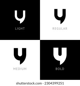 Cyber font, rounded digital alphabet, set of four different thickness trendy modern letter Y for your logo design, vector illustration 10EPS