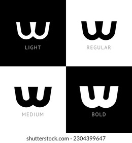 Cyber font, rounded digital alphabet, set of four different thickness trendy modern letter W for your logo design, vector illustration 10EPS