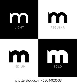 Cyber font, rounded digital alphabet, set of four different thickness trendy modern letter M for your logo design, vector illustration 10EPS