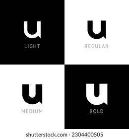 Cibertipo de letra, alfabeto digital redondeado, conjunto de cuatro grosores diferentes letra moderna U para el diseño de su logotipo, ilustración vectorial 10EPS