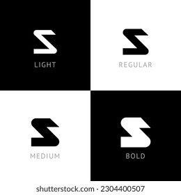 Cyber font, rounded digital alphabet, set of four different thickness trendy modern letter S for your logo design, vector illustration 10EPS